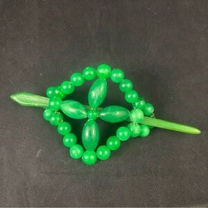 Vintage 70s Green Plastic Beaded Bun Holder Hair Barrette w/ Stick Boho